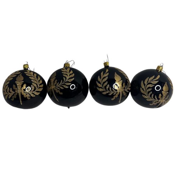 Christmas Tree Ornaments Set of 4 Black Balls with Gold Glitter Torch - Picture 1 of 5